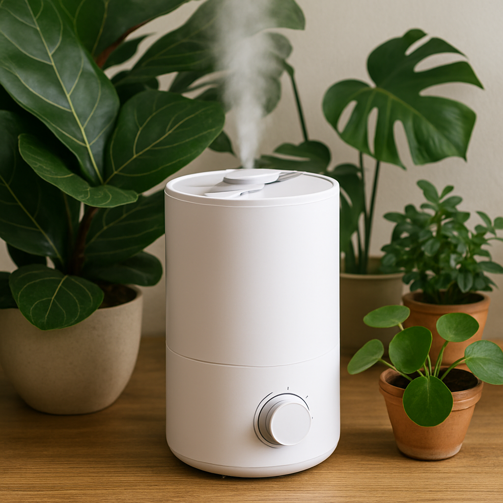 Humidificador blanco liberando niebla, rodeado de plantas verdes como monstera, pilea y ficus sobre una mesa de madera